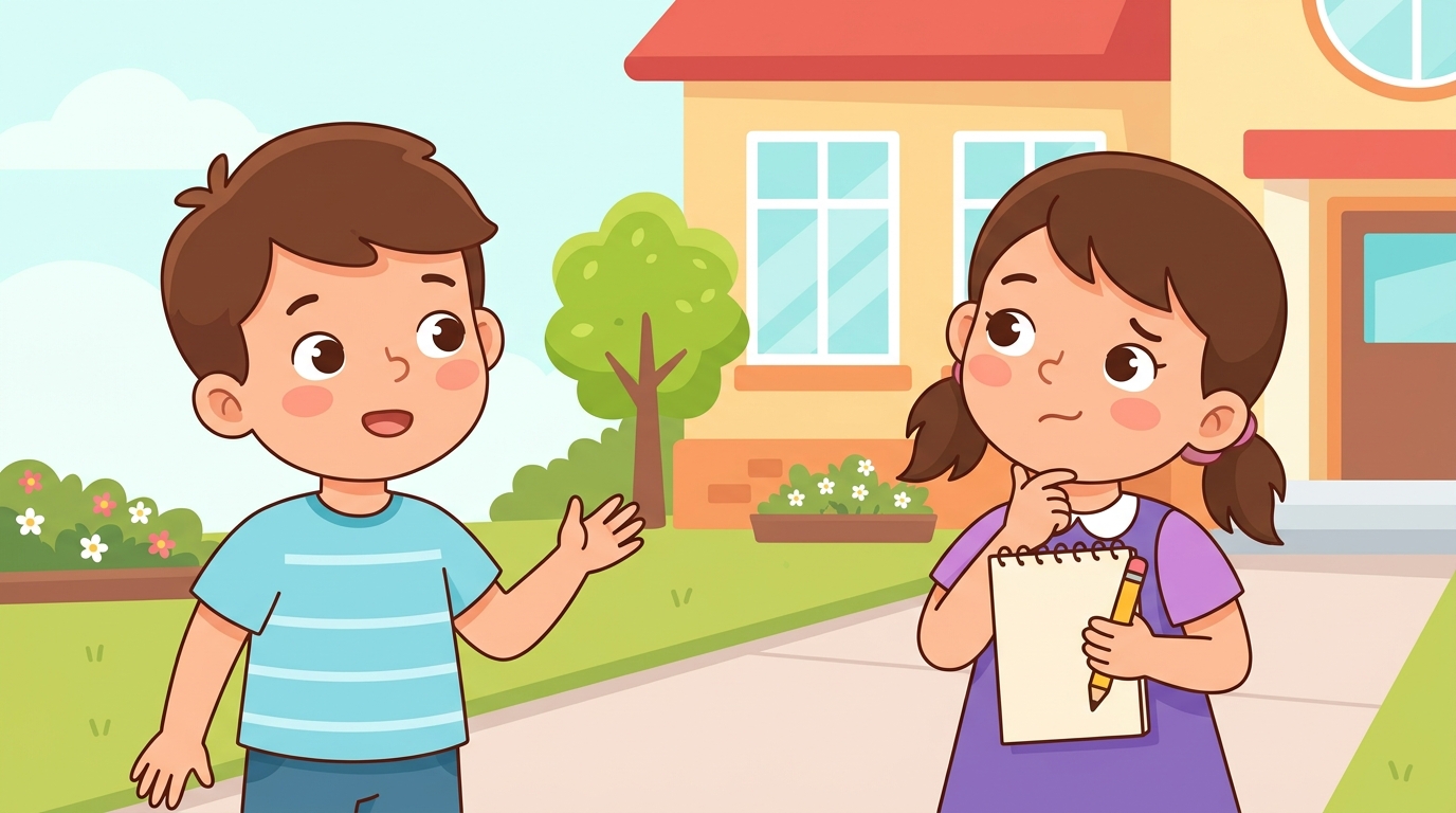 Leo asks Nora a question with a friendly expression while Nora, holding a notebook and pencil, thinks about her answer, outside their school